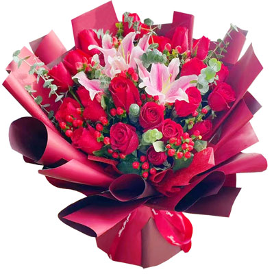 承德22朵红玫瑰百合，爱的火焰